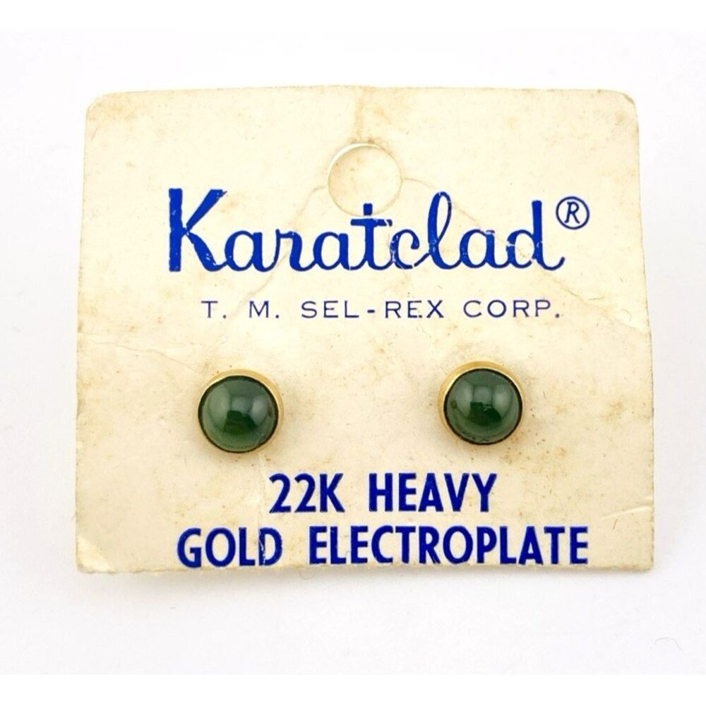 Nephrite Jade Stud Earrings Karatclad Gold Tone 22K Plate Vintage